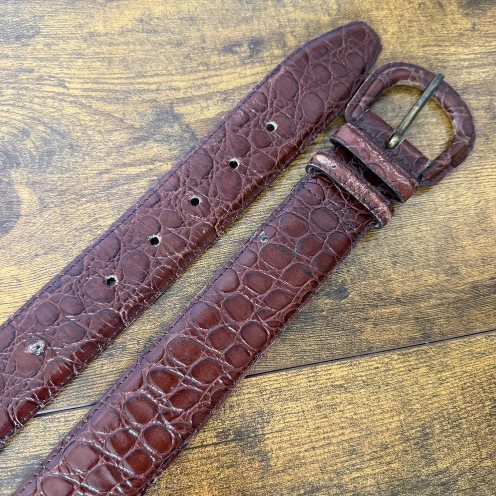 VTG Mark Shale Men's Genuine Leather Belt Large Brown Croc Embossed Print Preppy